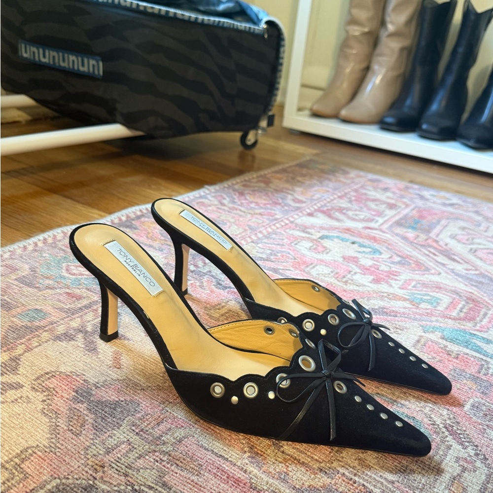 Tony Bianco Shea Black Suede Pointed Eyelet Mule with Bow Accent